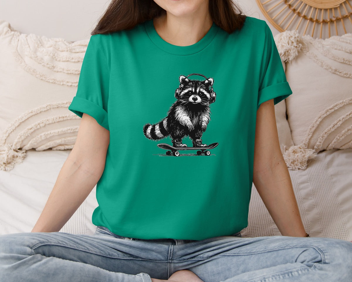 brand:Bella Canvas|color:Kelly|Raccoon Playing Skateboard Shirt Graphic T-Shirt