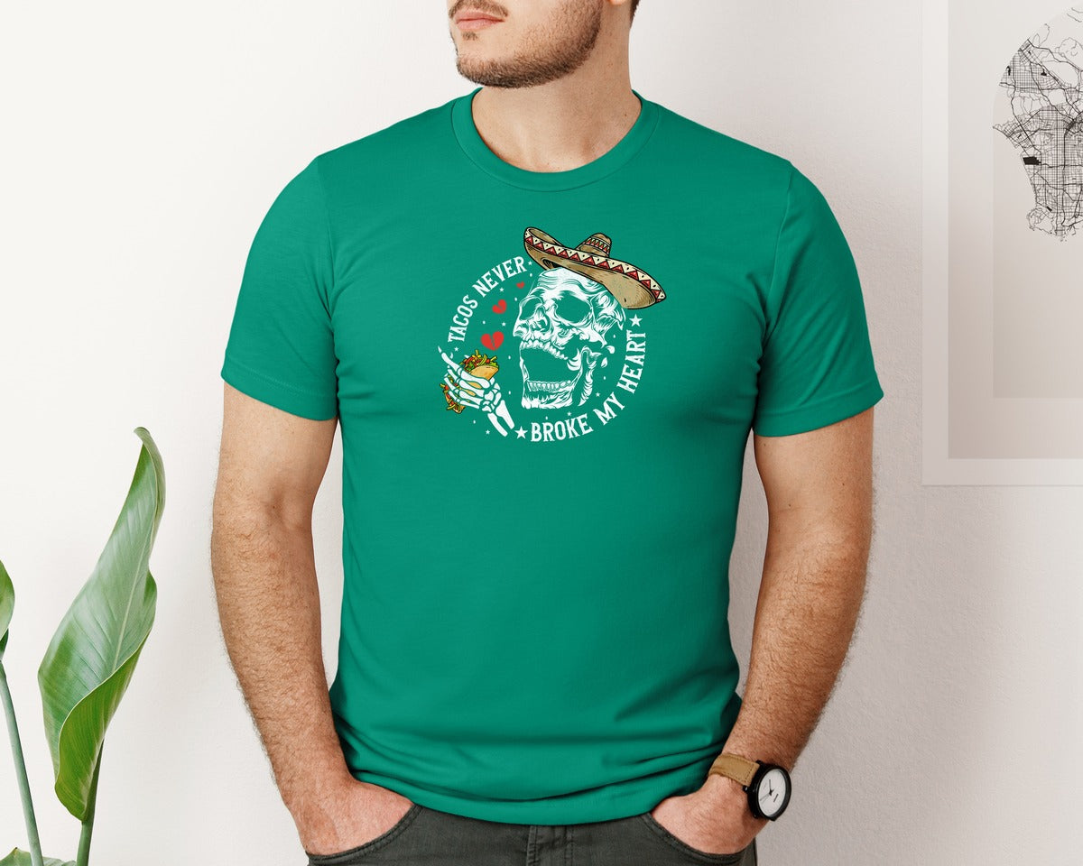 brand:Bella Canvas|color:Kelly|Tacos Never Broke My Heart Skeleton Graphic T-Shirt