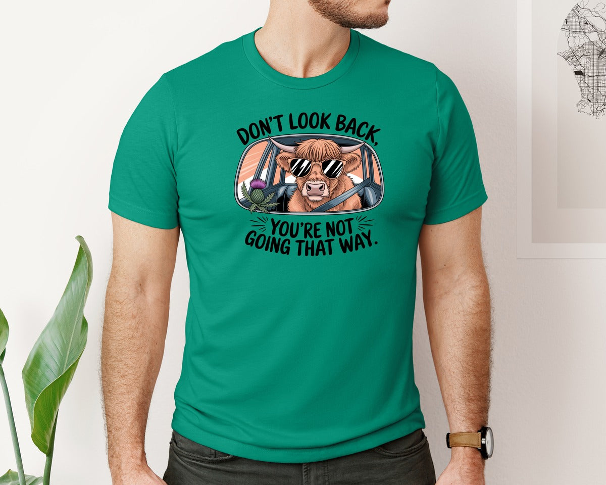 brand:Bella Canvas|color:Kelly|Dont Look Back Highland Cow Graphic T-Shirt