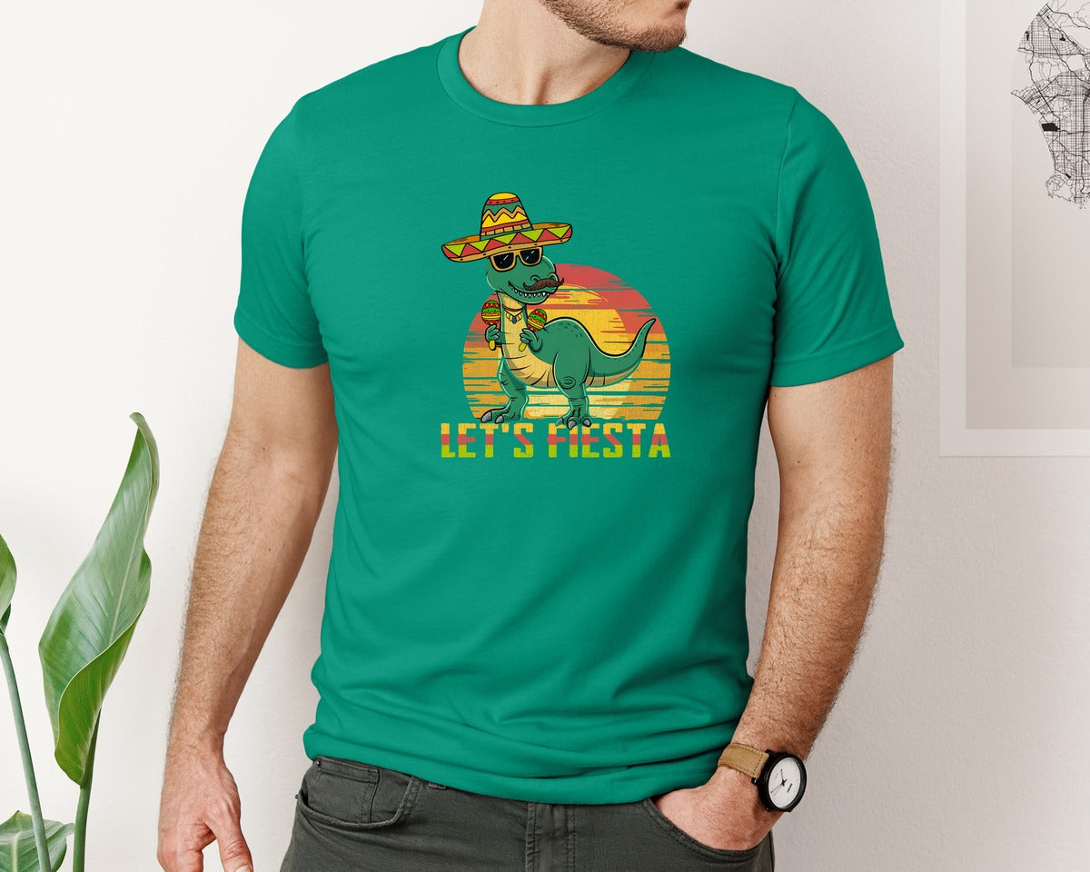 brand:Bella Canvas|color:Kelly|Lets Fiesta Dinosaur Cinco De Mayo Graphic T-Shirt