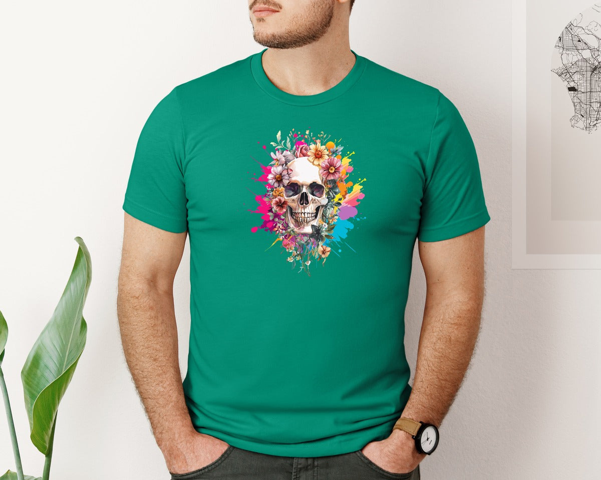 brand:Bella Canvas|color:Kelly|Floral Skull Watercolor Skull Shirt Graphic T-Shirt