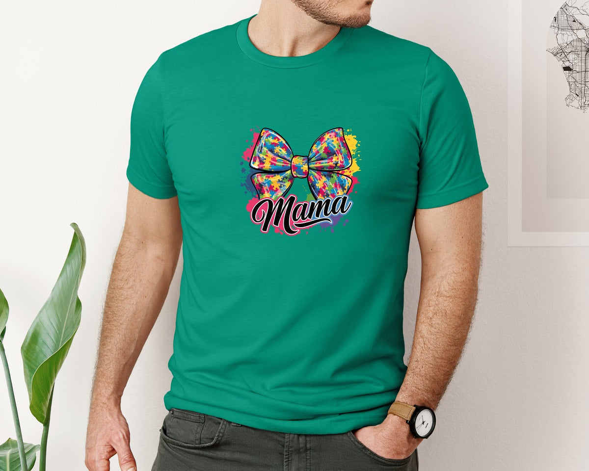 brand:Bella Canvas|color:Kelly|Autism Mama Colorful Puzzle Bow Art Graphic T-Shirt