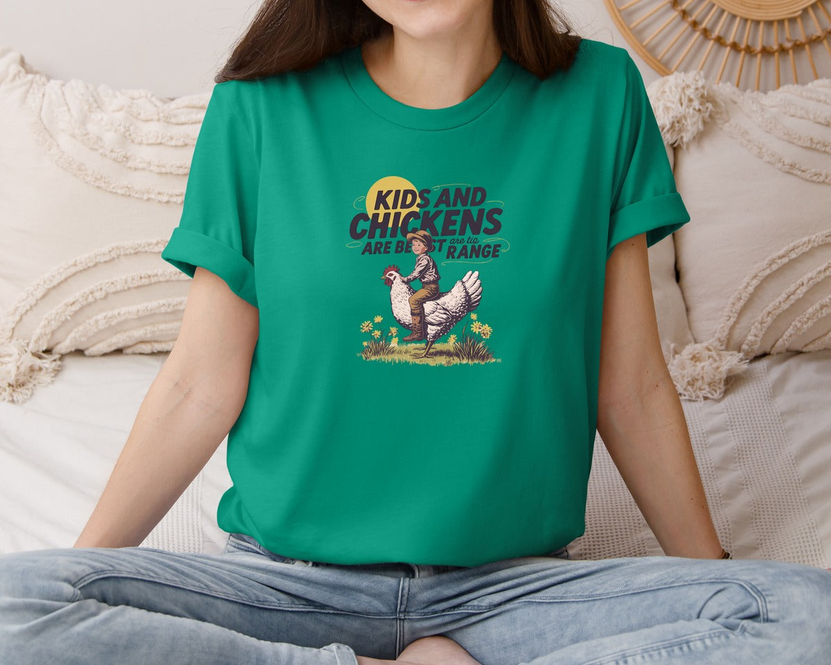brand:Bella Canvas|color:Kelly|Kids And Chickens Vintage Farm Graphic T-Shirt