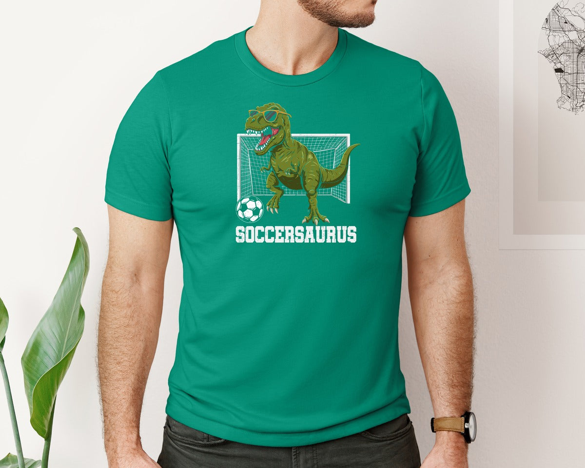 brand:Bella Canvas|color:Kelly|T Rex Playing Soccer T Shirt Graphic T-Shirt