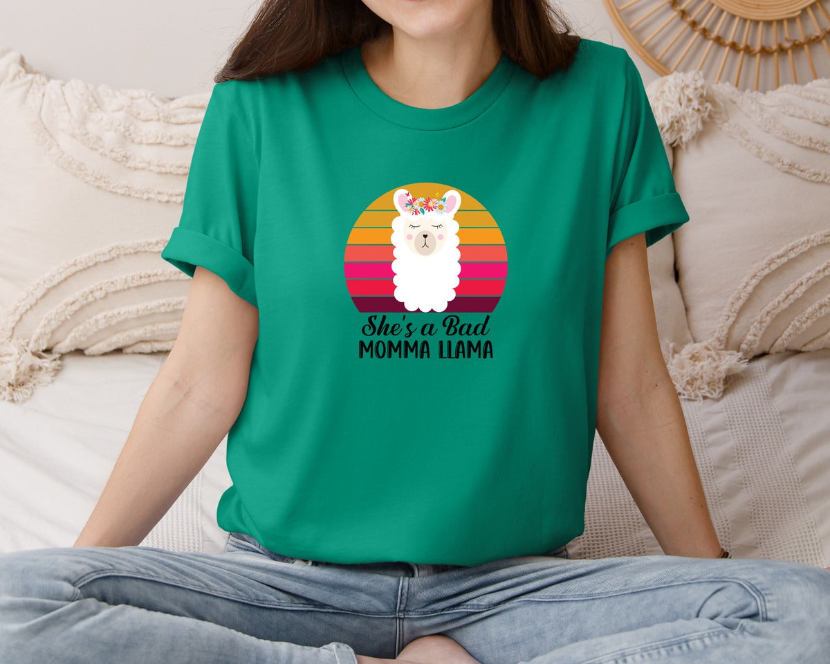 brand:Bella Canvas|color:Kelly|Shes A Bad Momma Llama Retro T Shirt Graphic T-Shirt