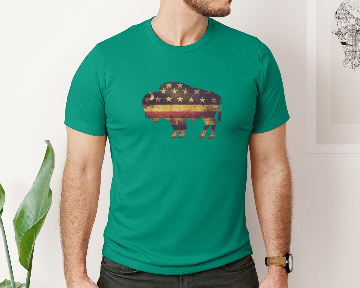 brand:Bella Canvas|color:Kelly|American Bison Patriotic Usa Flag 4 Graphic T-Shirt