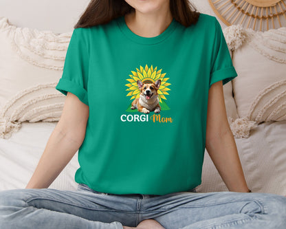 brand:Bella Canvas|color:Kelly|Corgi Mom Sunflower Graphic T-Shirt