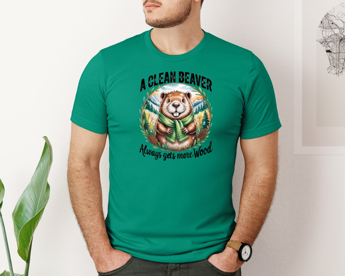 brand:Bella Canvas|color:Kelly|Funny Beaver Clean Wood Humor Graphic T-Shirt