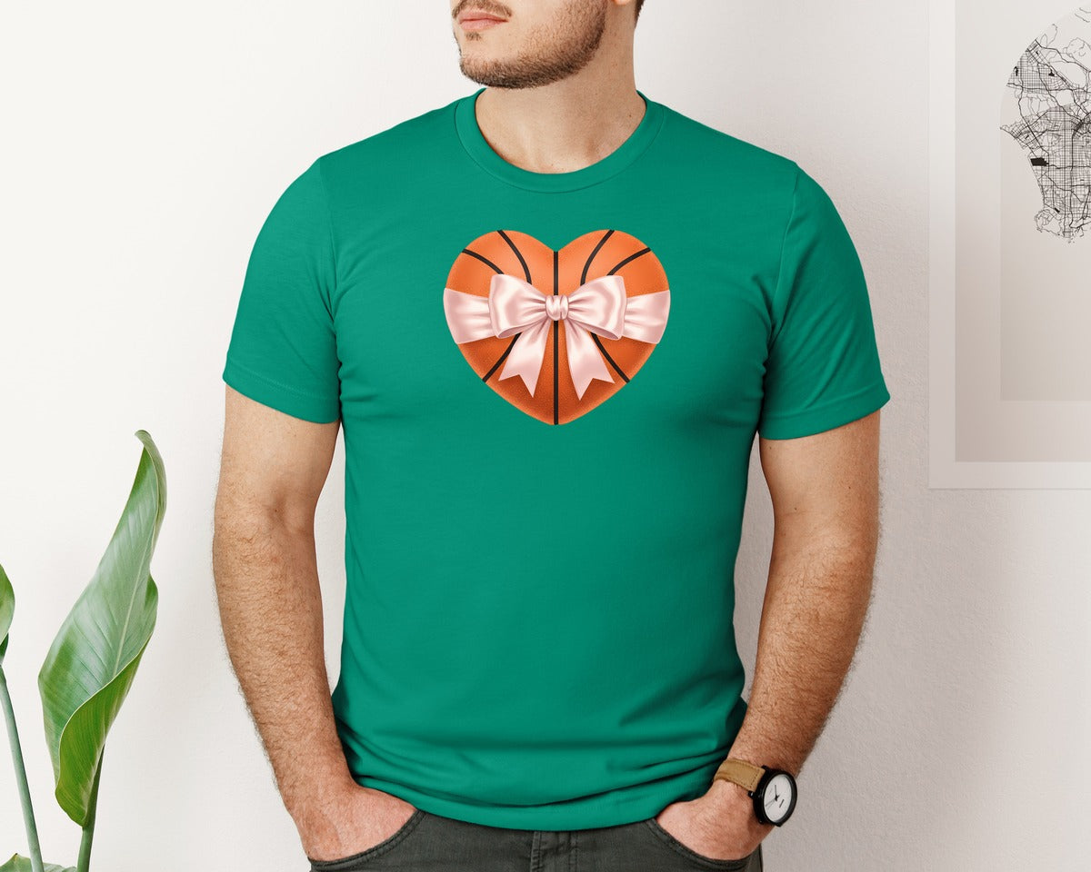 brand:Bella Canvas|color:Kelly|Heart Shape Basketball Coquette Bow Graphic T-Shirt