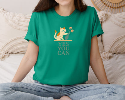 brand:Bella Canvas|color:Kelly|Yes You Can Motivational Cat Graphic T-Shirt