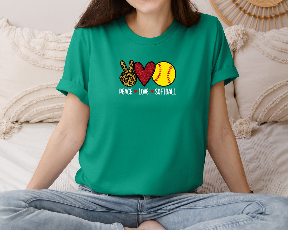 brand:Bella Canvas|color:Kelly|Peace Love Softball T Shirt Graphic T-Shirt