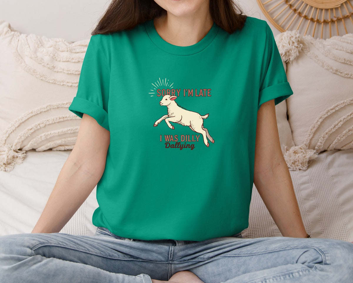 brand:Bella Canvas|color:Kelly|Sorry Im Late Funny Goat Farm Graphic T-Shirt