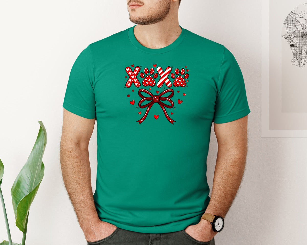 brand:Bella Canvas|color:Kelly|Dog Paw Xoxo Valentine Bow Design Graphic T-Shirt