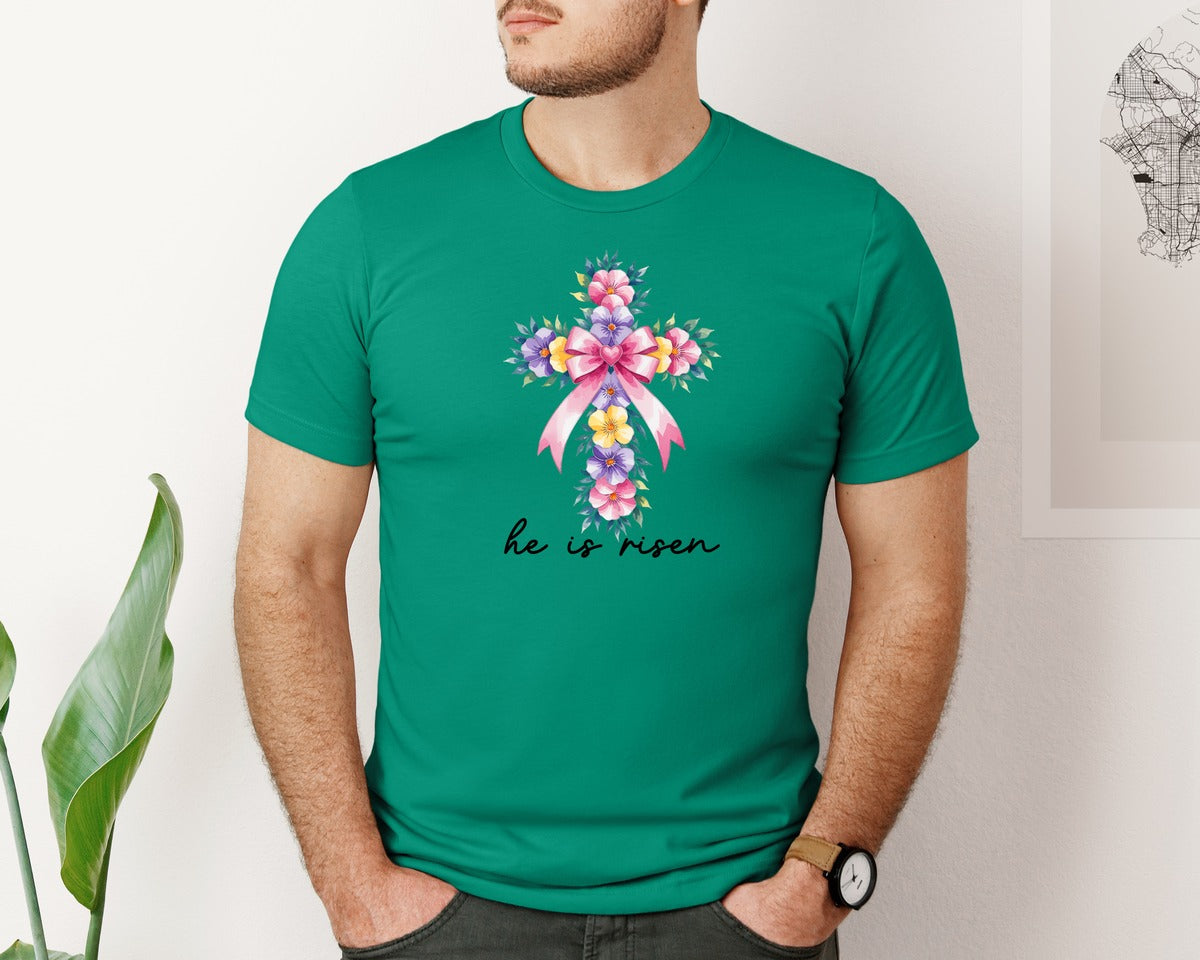 brand:Bella Canvas|color:Kelly|Watercolor Cross Easter Bible Verse Graphic T-Shirt