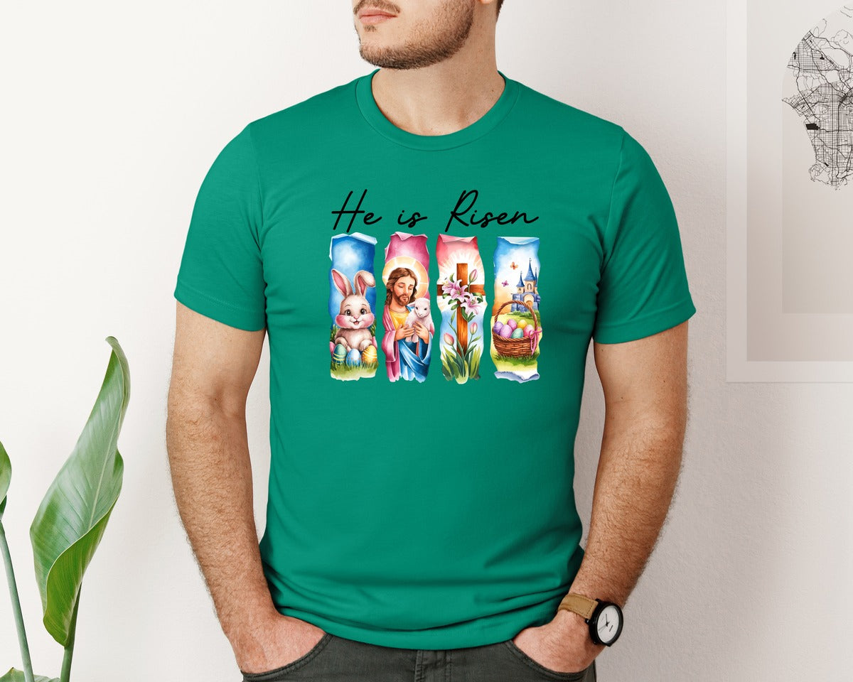 brand:Bella Canvas|color:Kelly|He Is Risen Easter Jesus Christian Graphic T-Shirt