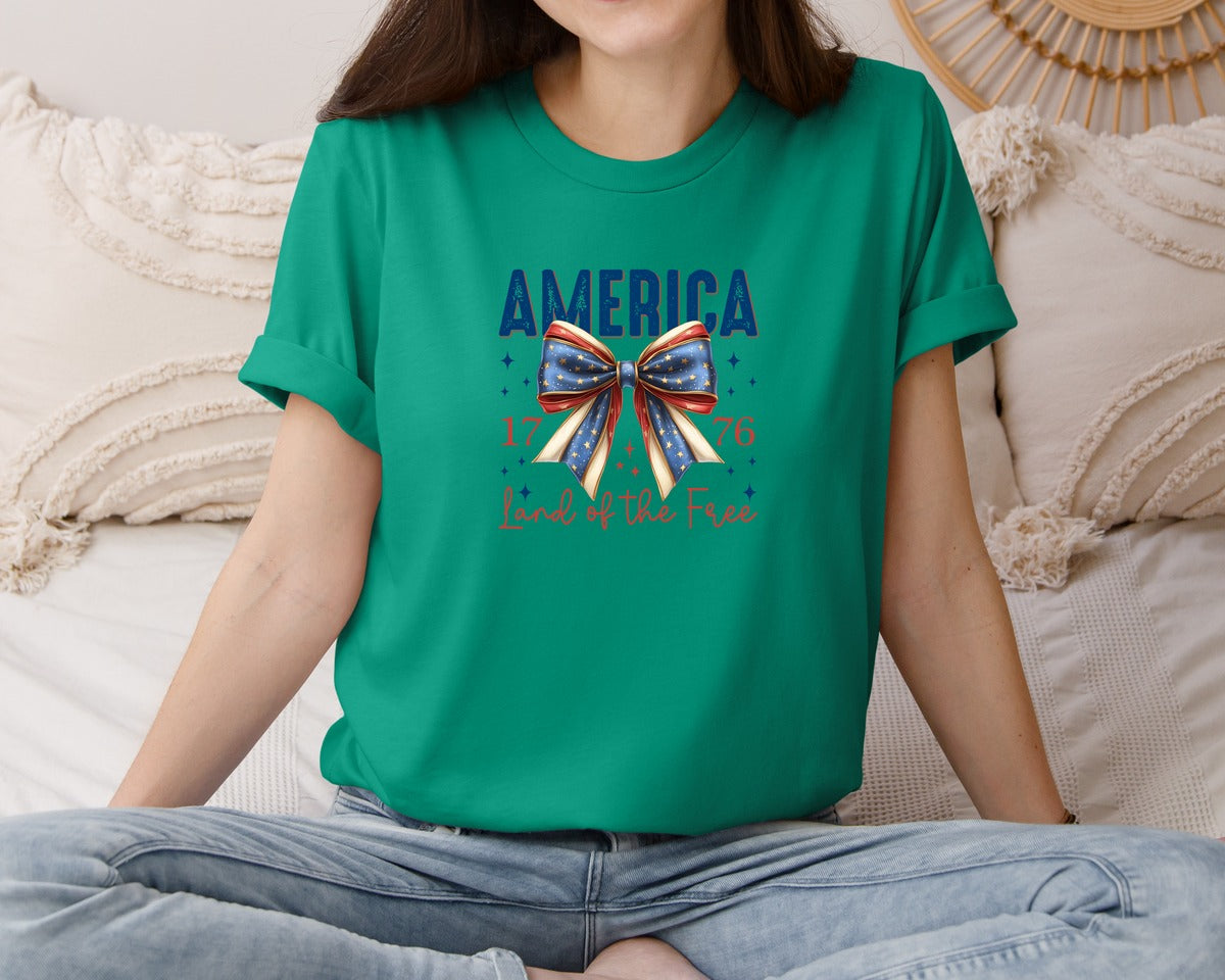 brand:Bella Canvas|color:Kelly|America Bow Land Of The Free Graphic T-Shirt