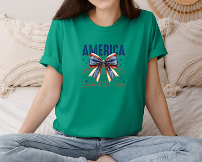 brand:Bella Canvas|color:Kelly|America Bow Land Of The Free Graphic T-Shirt
