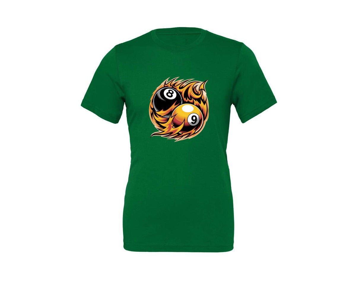 brand:Generic|color:Kelly|Flaming 8 9 Ball Billiards Graphic T-Shirt