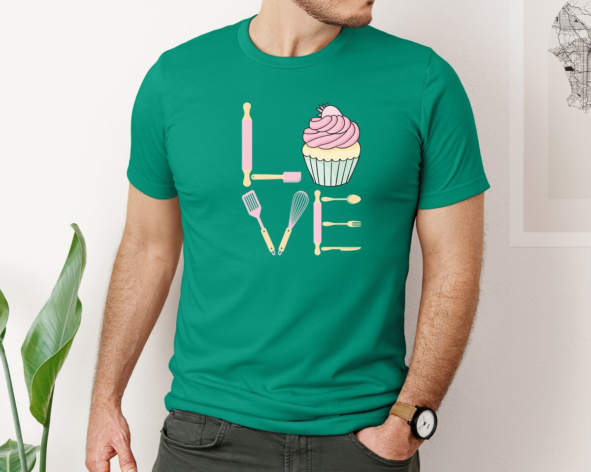 brand:Bella Canvas|color:Kelly|Baking Love Cupcake Whisk Spatula Graphic T-Shirt