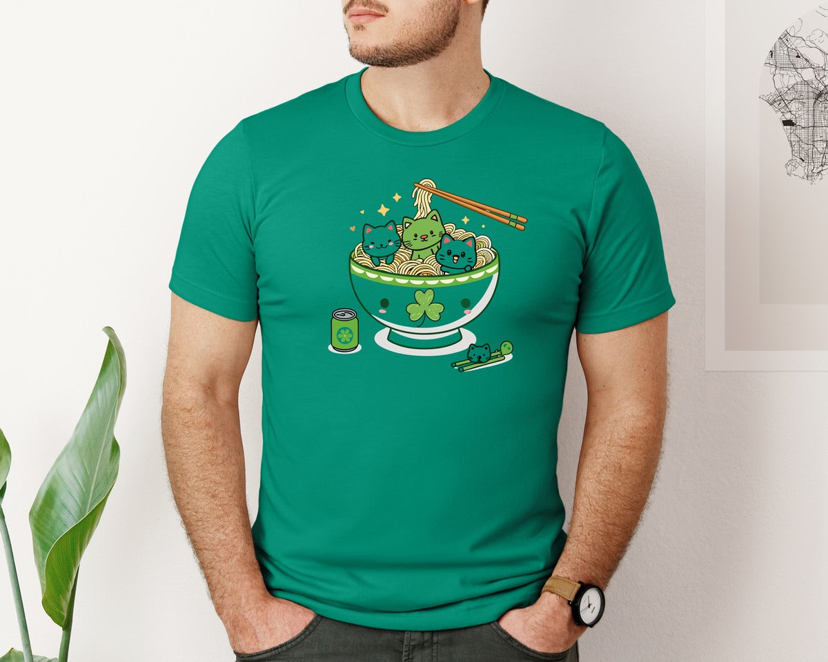 brand:Bella Canvas|color:Kelly|Lucky Ramen Cat St Patricks Day Graphic T-Shirt