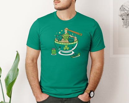 brand:Bella Canvas|color:Kelly|Lucky Ramen Cat St Patricks Day Graphic T-Shirt