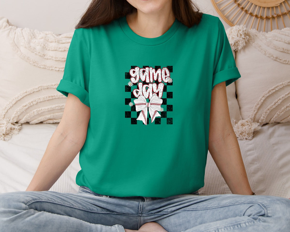 brand:Bella Canvas|color:Kelly|Checkered Baseball Game Day Graphic T-Shirt