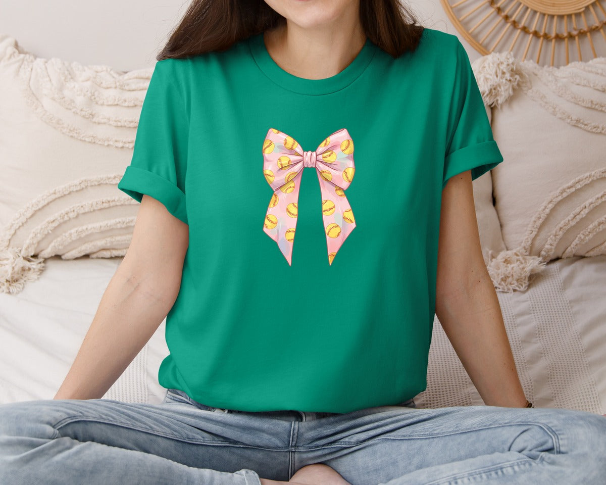 brand:Bella Canvas|color:Kelly|Softball Bow Graphic T-Shirt