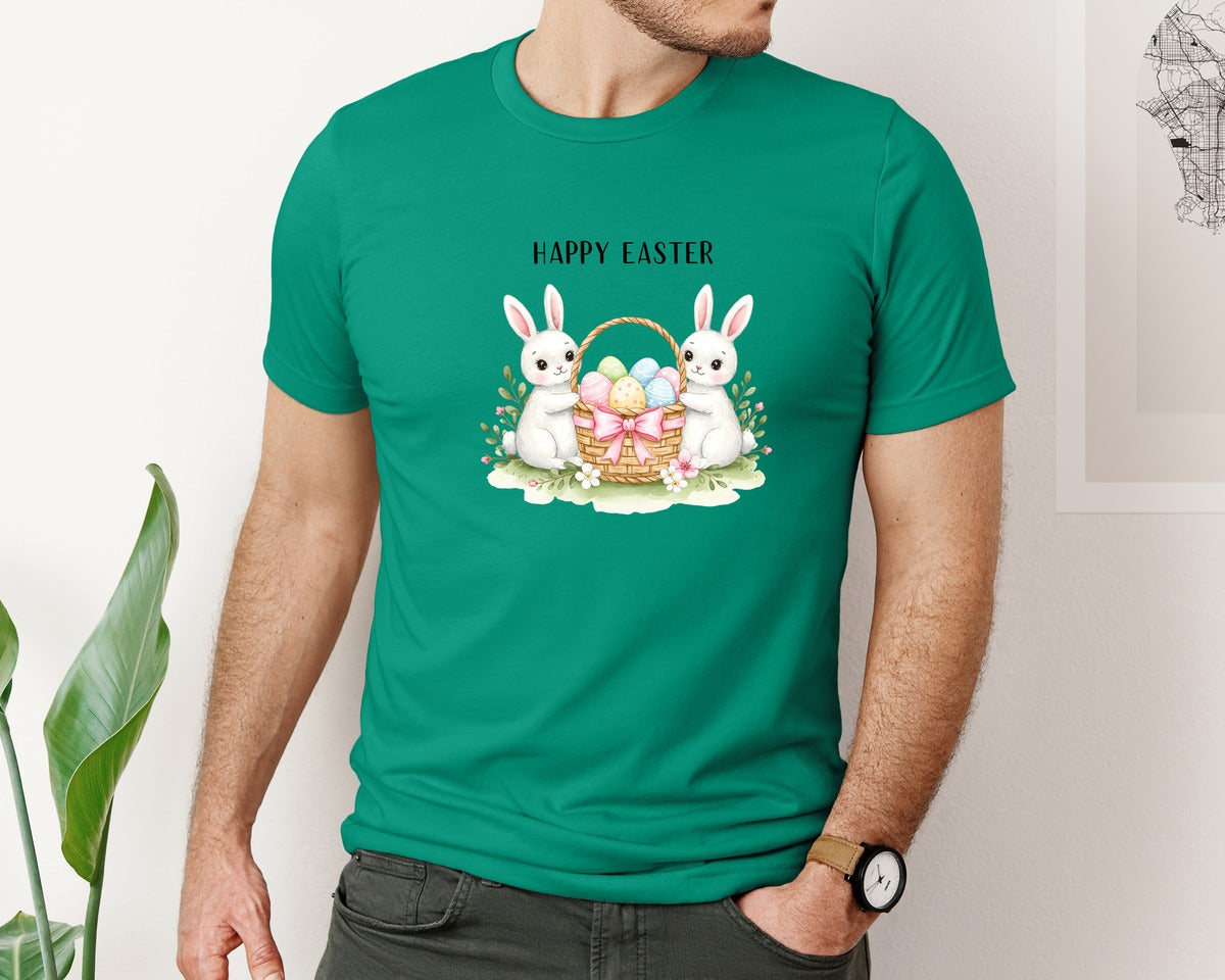 brand:Bella Canvas|color:Kelly|Happy Easter Bunnies With Basket Cu Graphic T-Shirt