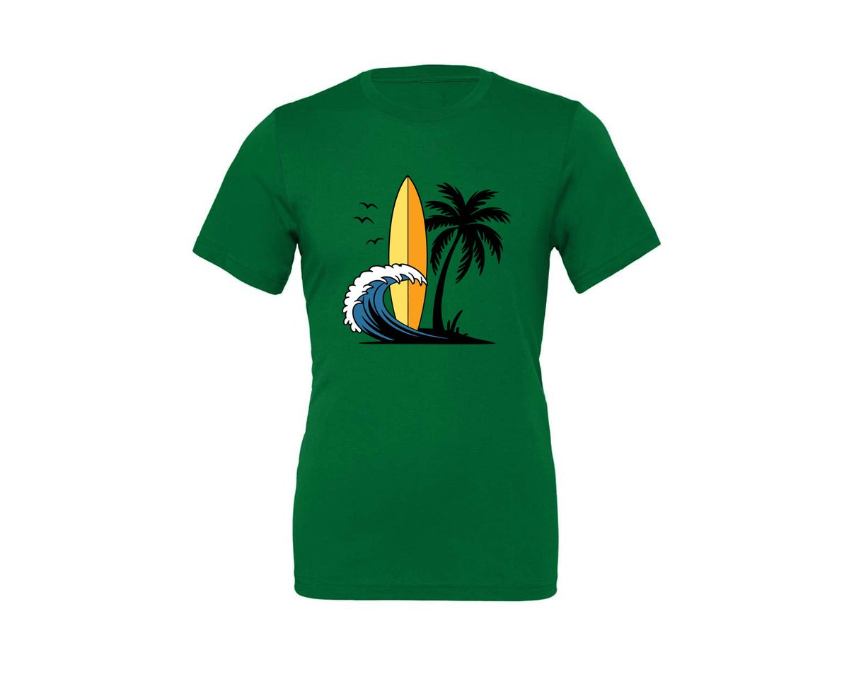 brand:Generic|color:Kelly|Surfboard With Ocean Wave And Palm Tree Graphic T-Shirt