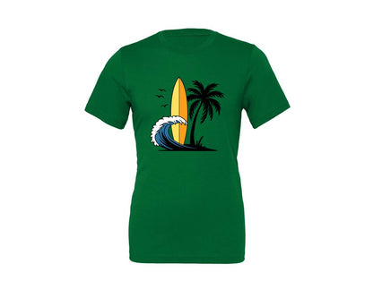 brand:Generic|color:Kelly|Surfboard With Ocean Wave And Palm Tree Graphic T-Shirt