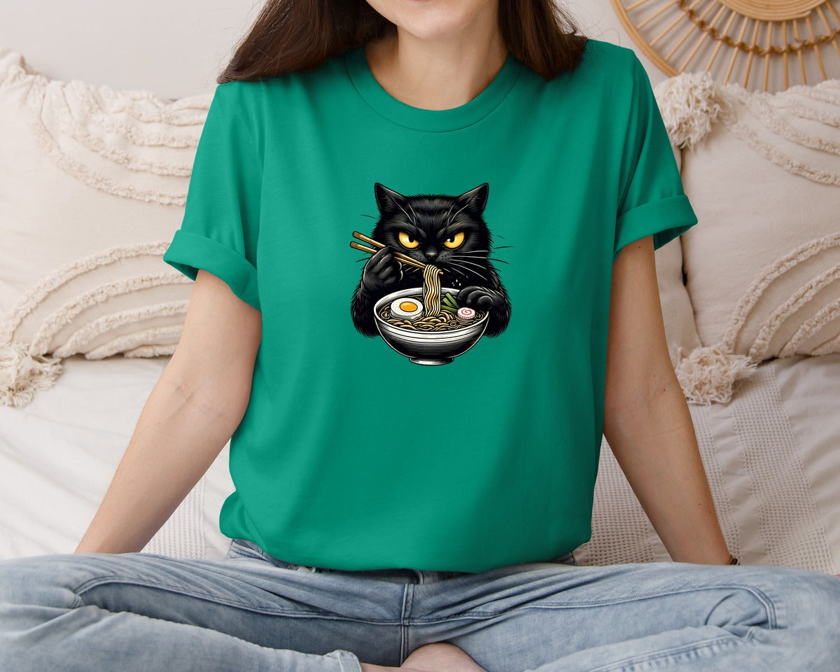 brand:Bella Canvas|color:Kelly|Cute Black Cat Eating Ramen Noodle 3 Graphic T-Shirt