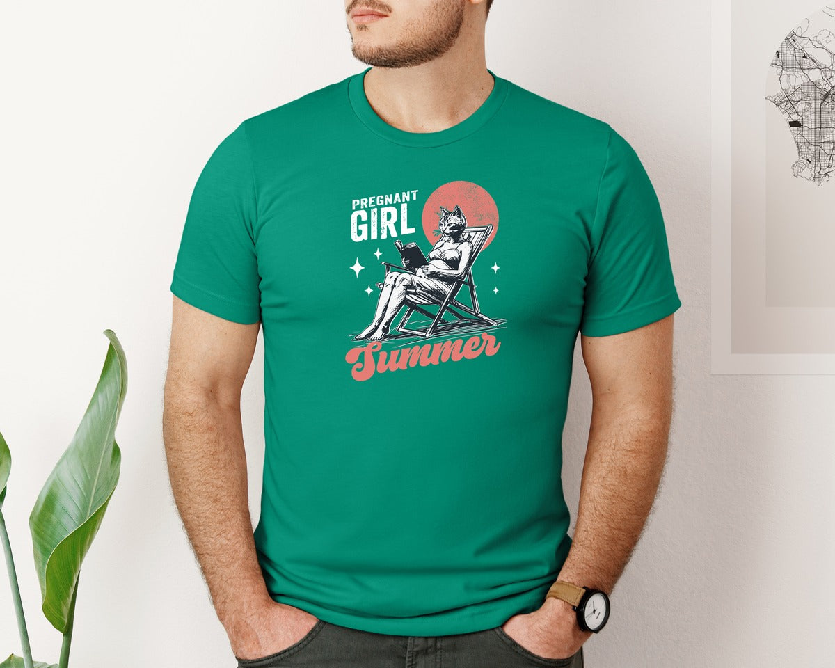 brand:Bella Canvas|color:Kelly|Retro Pregnant Girl Summer Cat Shirt Graphic T-Shirt