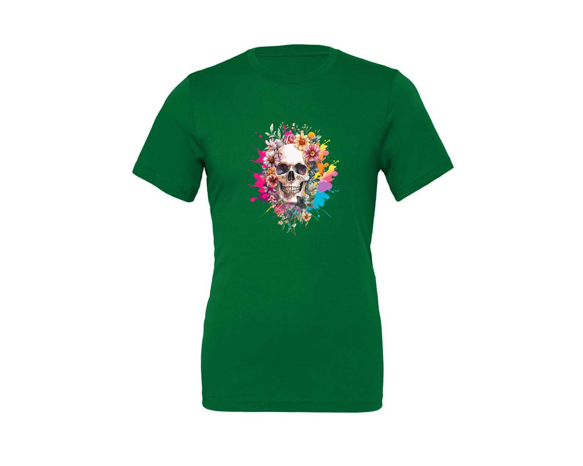 brand:Generic|color:Kelly|Floral Skull Watercolor Skull Shirt Graphic T-Shirt