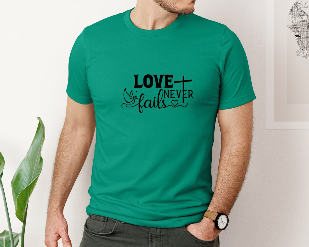 brand:Bella Canvas|color:Kelly|Love Never Fails Sleeve Svgbible Quotes Graphic T-Shirt