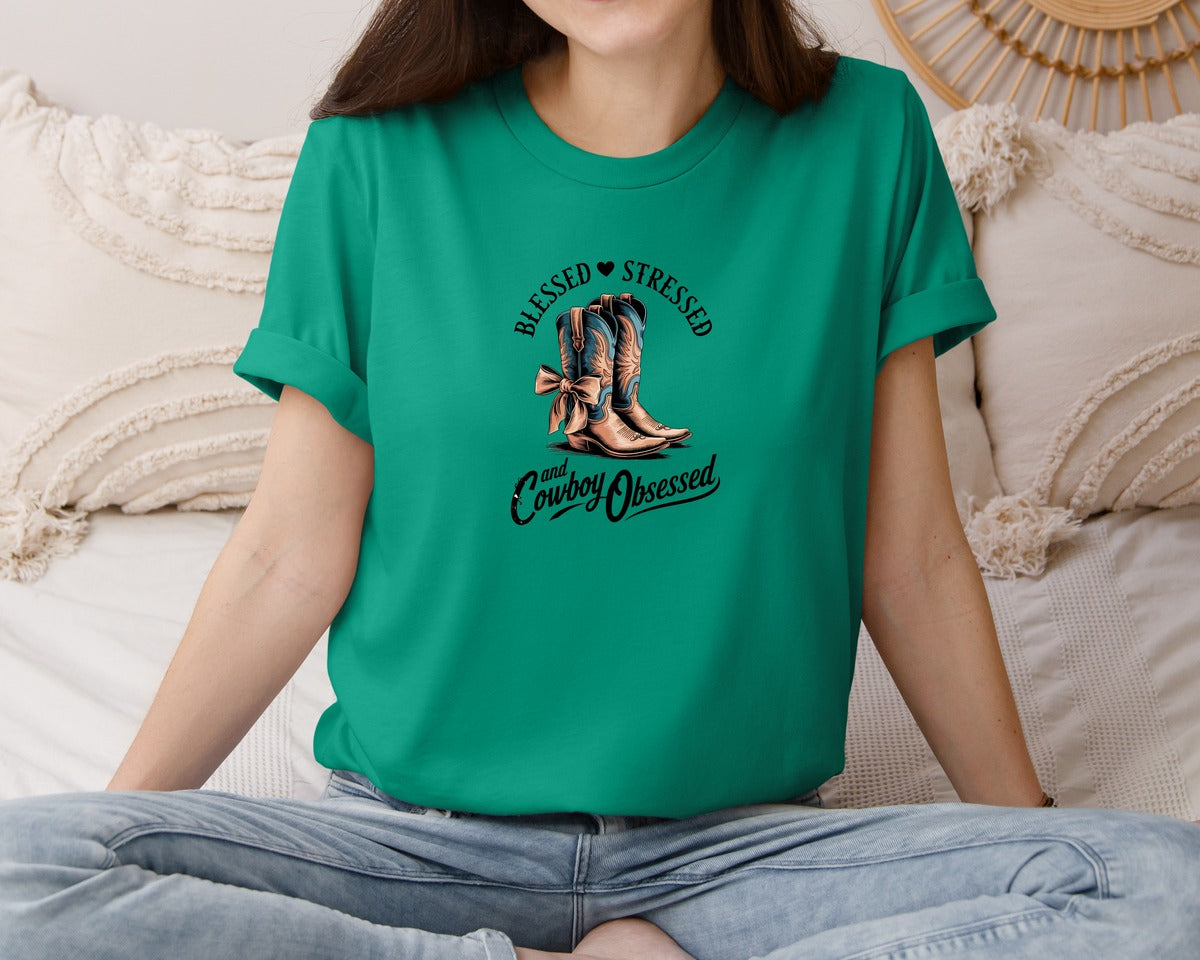 brand:Bella Canvas|color:Kelly|Blessed Stressed Mom Western Mothers Day 3 Graphic T-Shirt