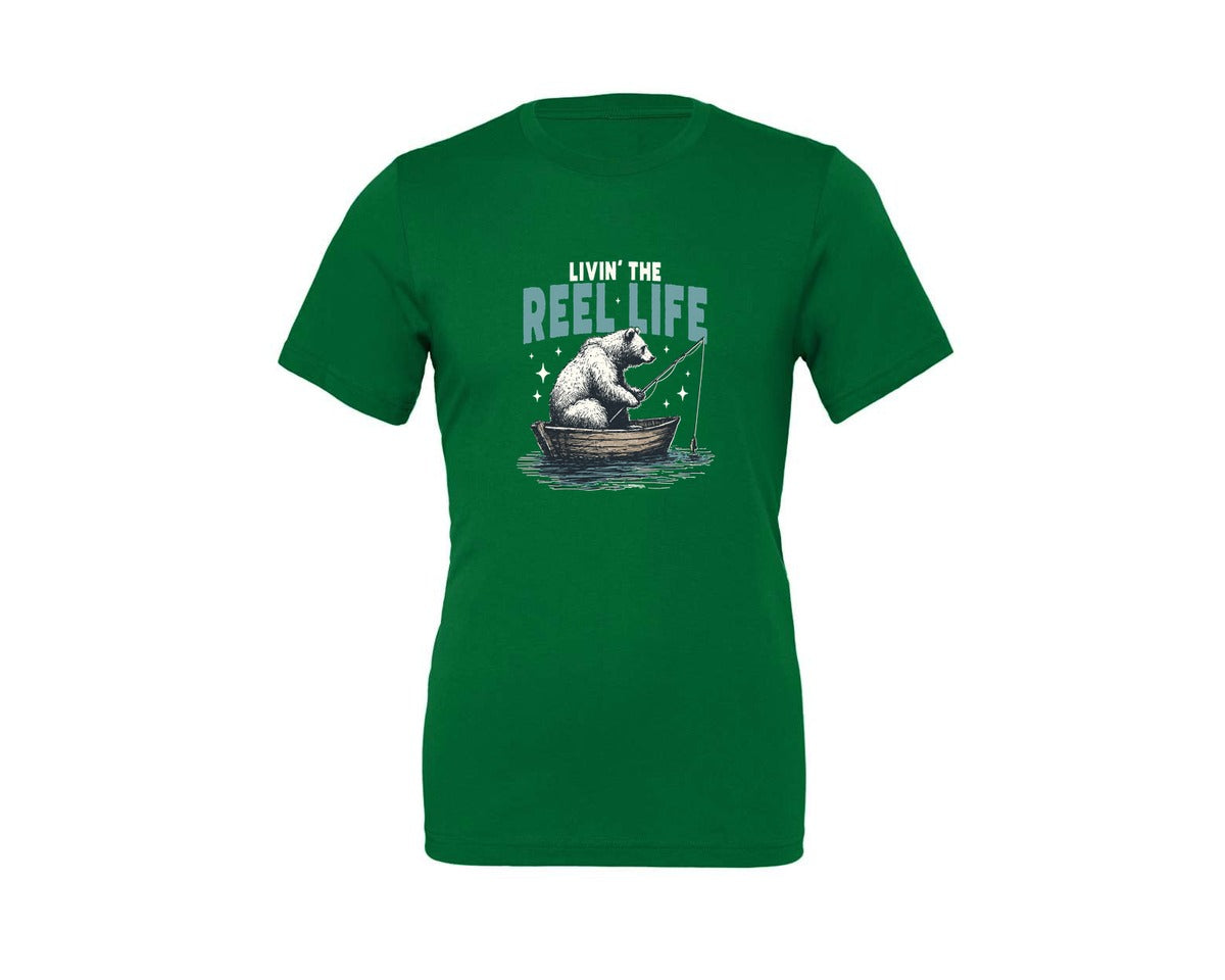 brand:Generic|color:Kelly|Livin The Reel Life Bear Fishing Shirt Graphic T-Shirt