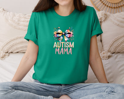 brand:Bella Canvas|color:Kelly|Autism Mama Elegant Floral Puzzle Bow Graphic T-Shirt