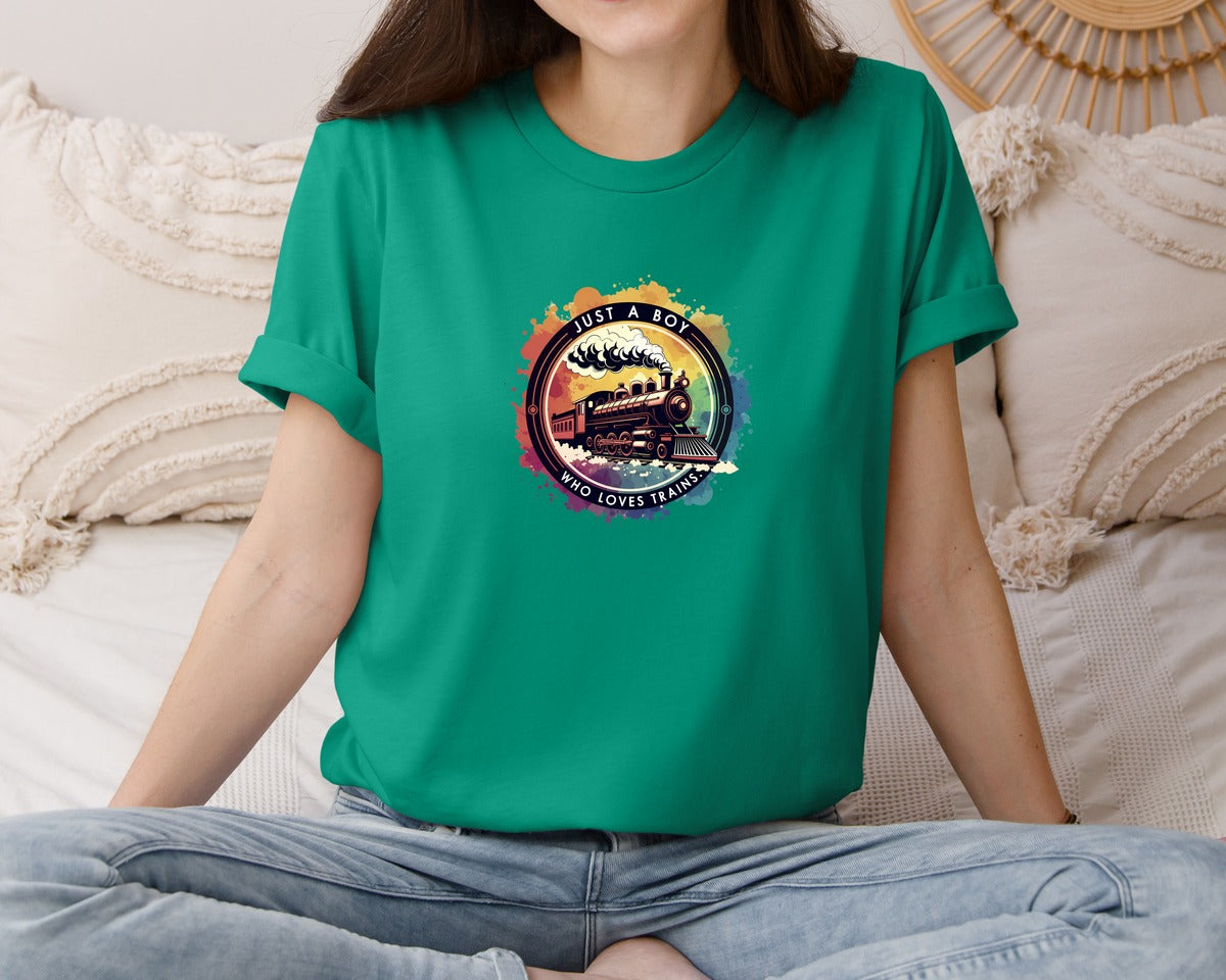 brand:Bella Canvas|color:Kelly|Just A Boy Who Loves Trains Graphic T-Shirt