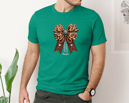 brand:Bella Canvas|color:Kelly|Western Leopard Bow Bohemian Coquette Graphic T-Shirt