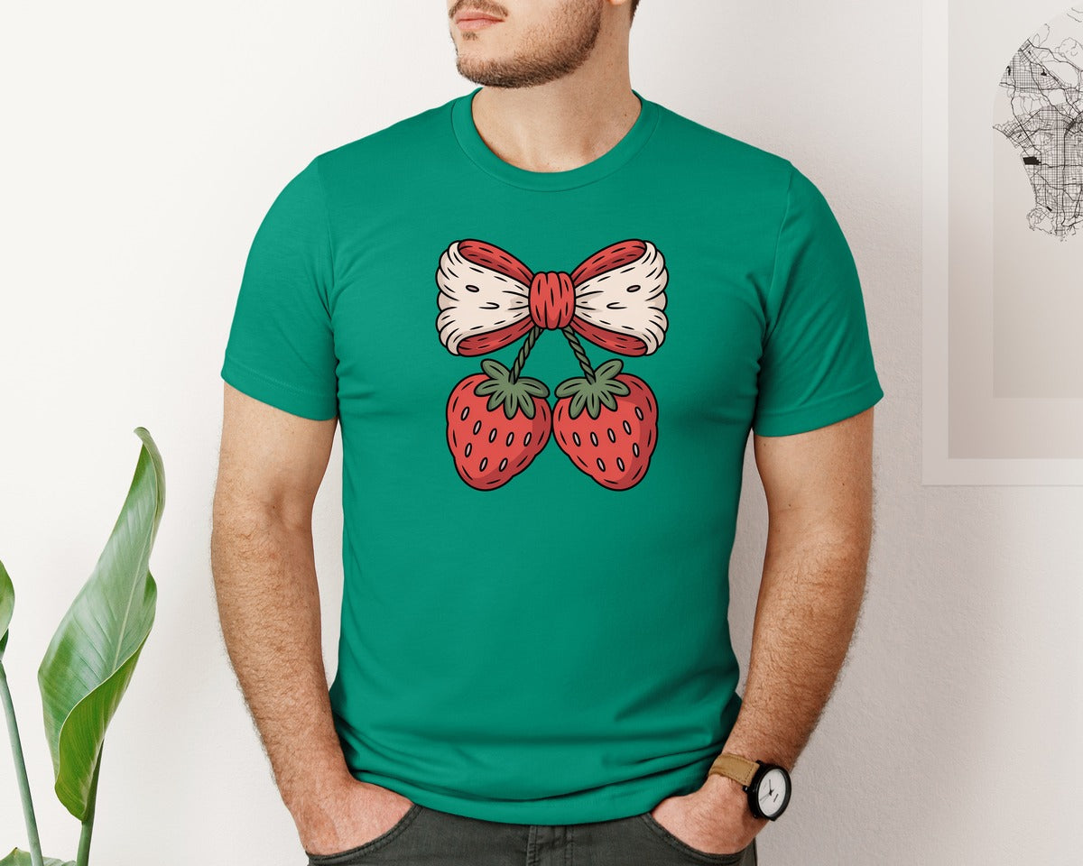 brand:Bella Canvas|color:Kelly|Strawberry Bow Pngfaux Yarn Crochet Graphic T-Shirt