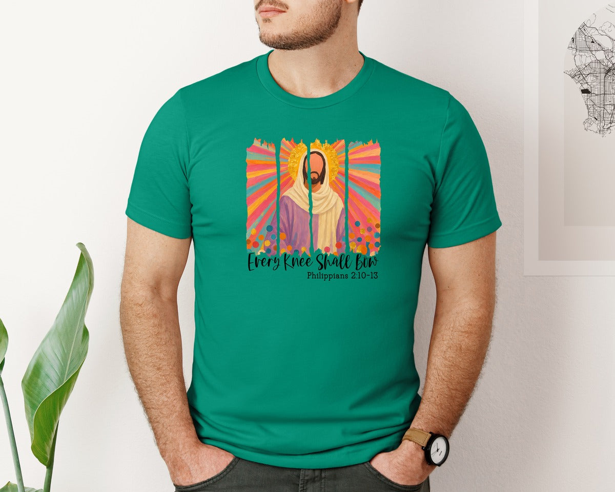brand:Bella Canvas|color:Kelly|Every Knee Shall Bow Christian Graphic T-Shirt