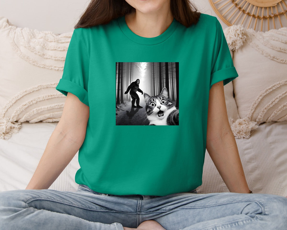 brand:Bella Canvas|color:Kelly|Cat Selfie With Sasquatch Graphic T-Shirt