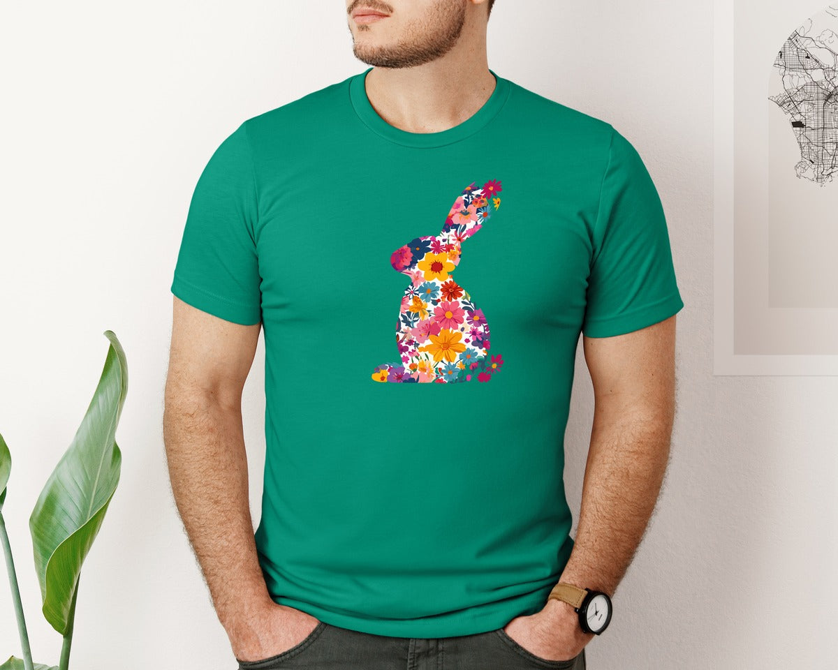 brand:Bella Canvas|color:Kelly|Floral Bunny Easter Rabbit Graphic T-Shirt