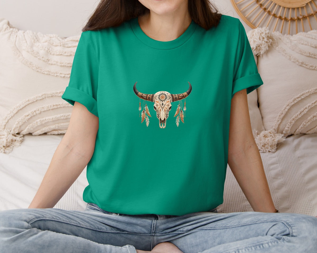 brand:Bella Canvas|color:Kelly|Western Bull Skull Aztec Boho Longhorn 2 Graphic T-Shirt