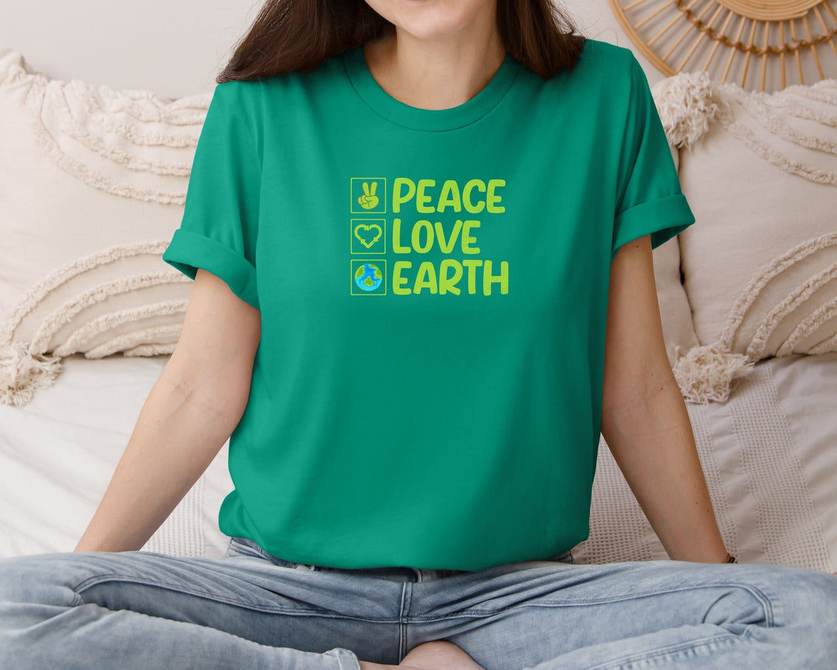 brand:Bella Canvas|color:Kelly|Peace Love Earth T Shirt Graphic T-Shirt