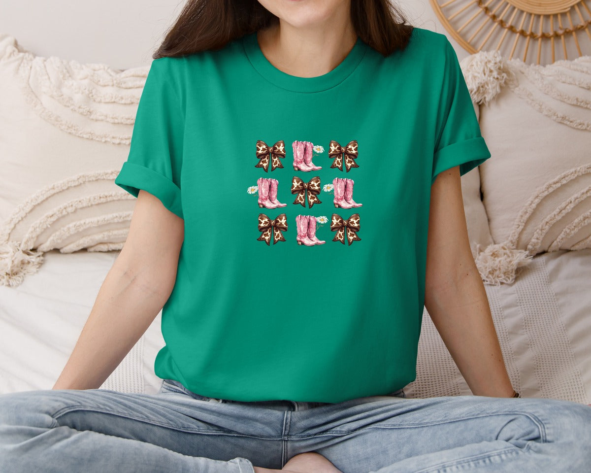 brand:Bella Canvas|color:Kelly|Boots And Pink Bows Graphic Graphic T-Shirt