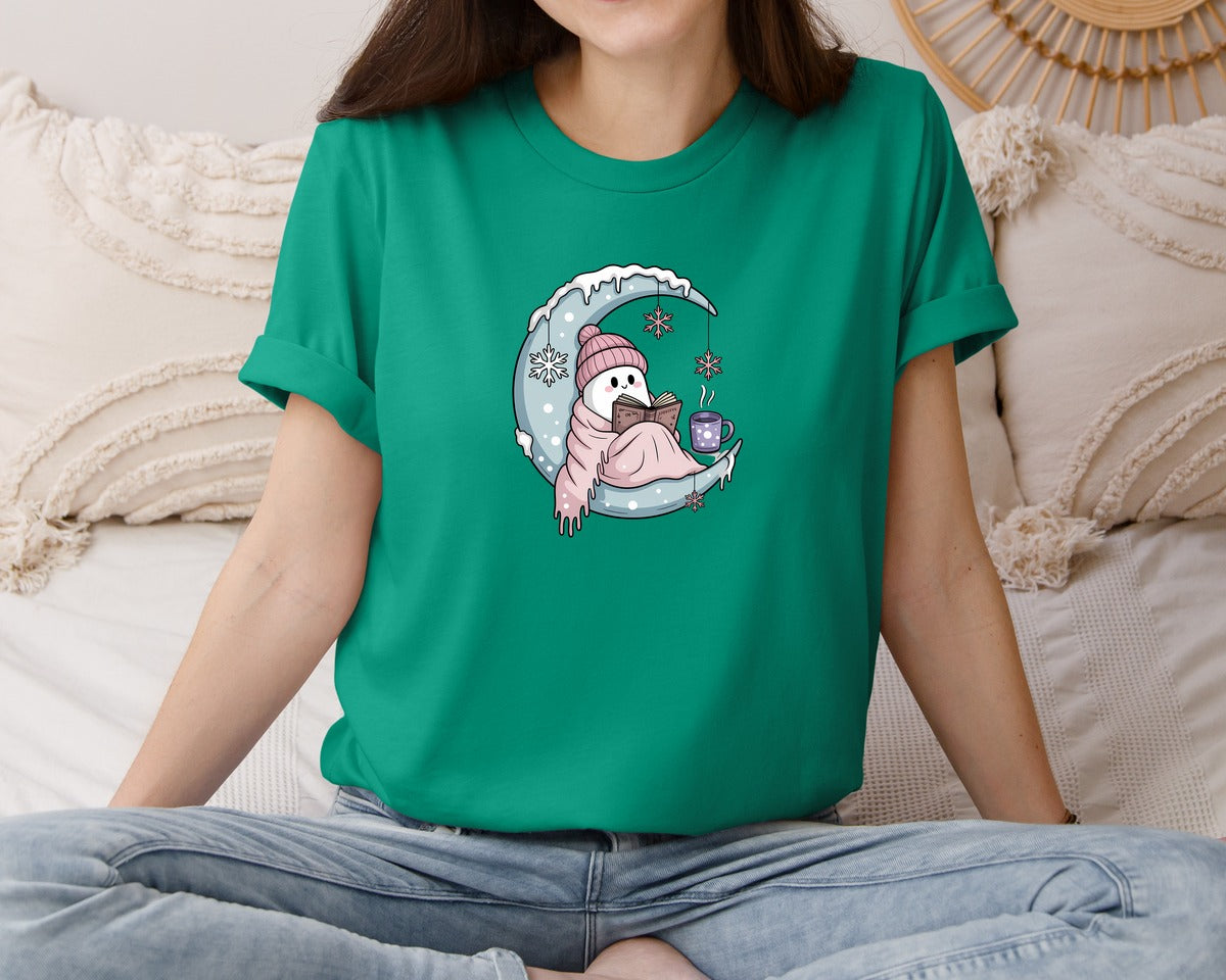 brand:Bella Canvas|color:Kelly|Icy Moon Cozy Ghost Reading Graphic T-Shirt