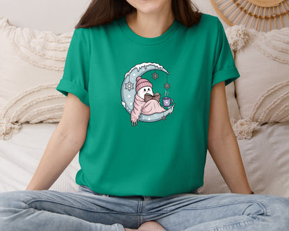 brand:Bella Canvas|color:Kelly|Icy Moon Cozy Ghost Reading Graphic T-Shirt