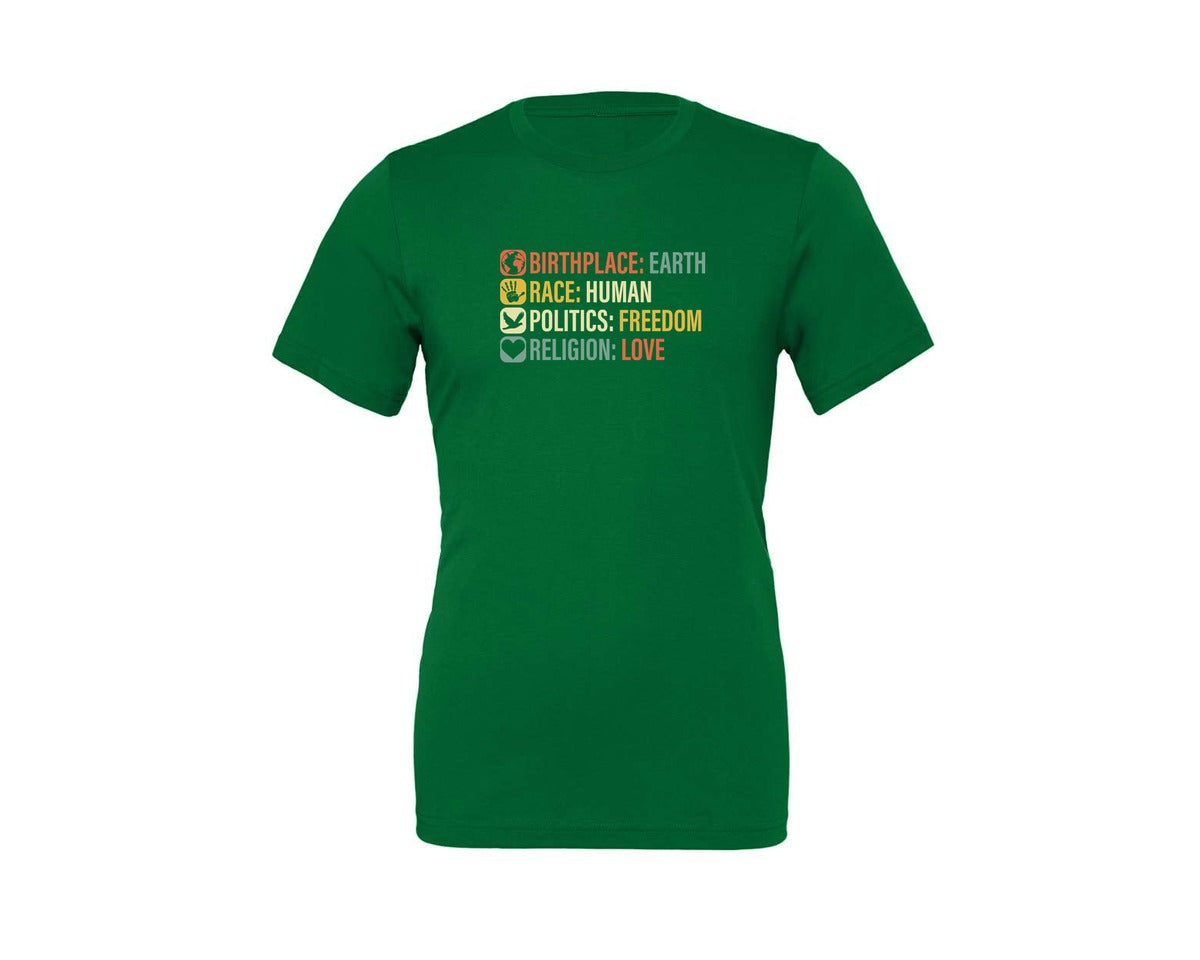 brand:Generic|color:Kelly|Birthplace Earth Race Human Politics 4 Graphic T-Shirt