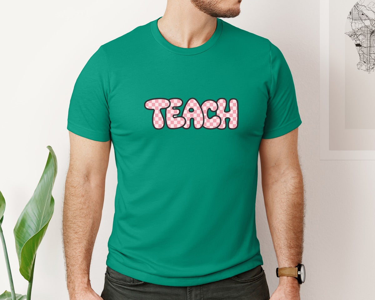 brand:Bella Canvas|color:Kelly|Retro Pink Checkered Teach Graphic T-Shirt